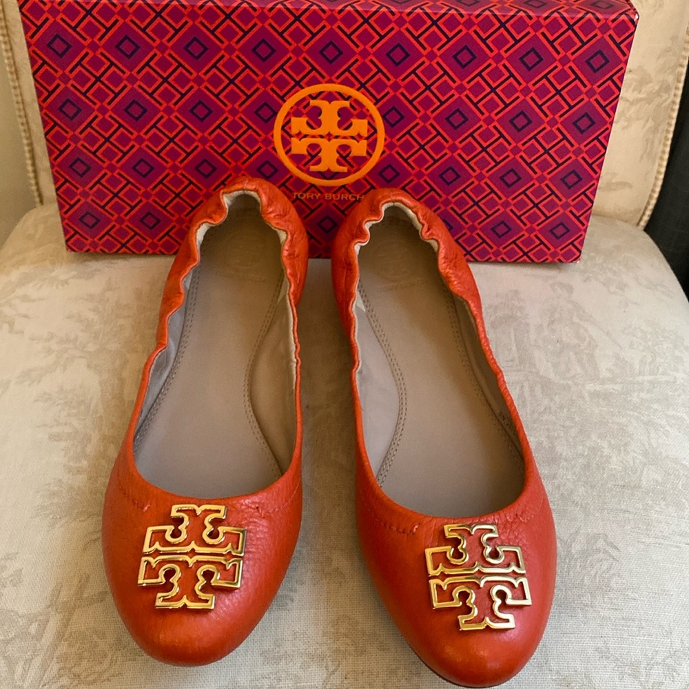 Tory Burch Orange Leather Reva Ballet Flats with Gold Logo